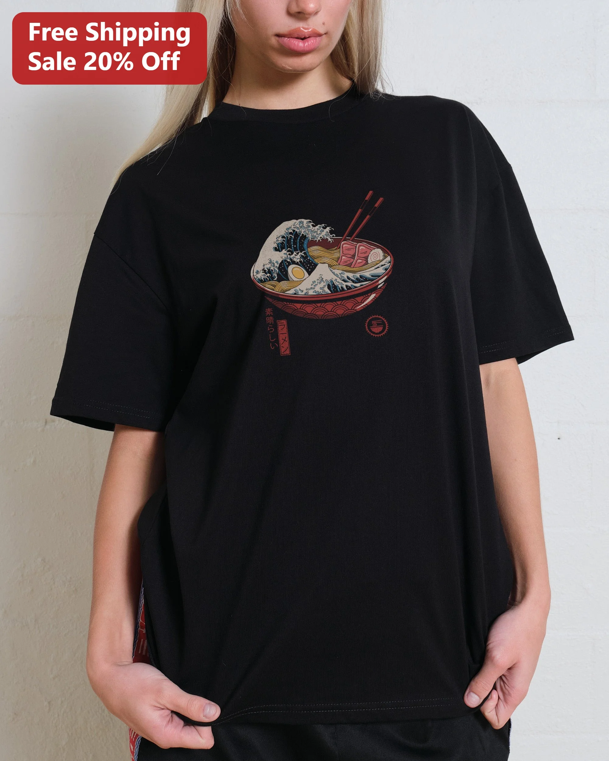 Ramen Wonderful Tee Great Wave Hokusai Parody Graphic Shirt for Foodies Anime Fans