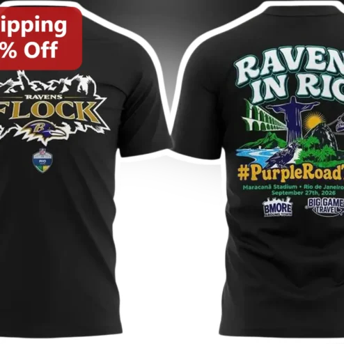 Ravens Flock Ravens In Rio Purple Road Trip Tee Baltimore NFL Fan Gear