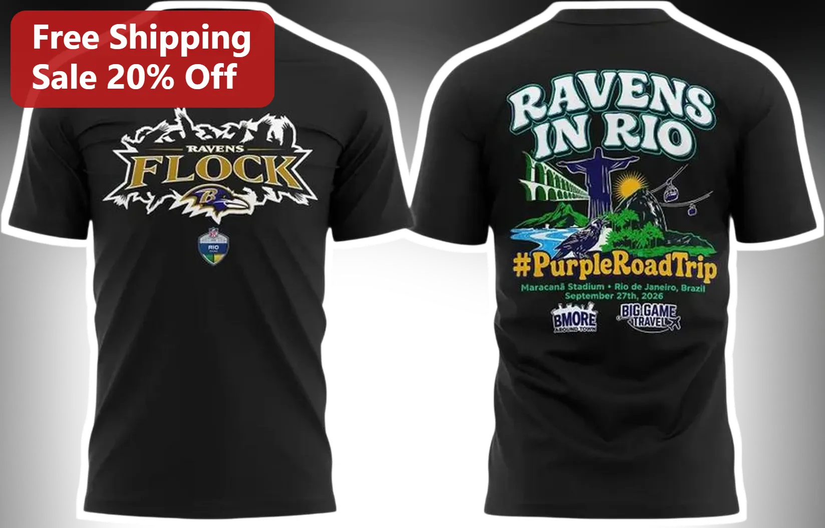Ravens Flock Ravens In Rio Purple Road Trip Tee Baltimore NFL Fan Gear