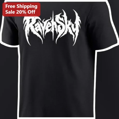 RavenSky Tee Heavy Metal Gothic Logo Black Cotton Graphic T-Shirt for Men Women