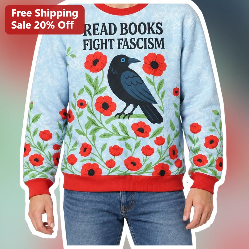 Read Books Fight Fascism Sweatshirt Crow and Poppy Design Anti-Fascist Literary Gift for Book Lovers