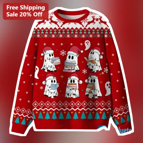 Reading Ghosts Christmas Pattern Sweatshirt for Book Lovers and Teachers
