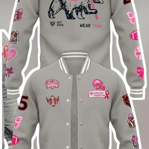Real Bears Fans Wear Pink Varsity Jacket Chicago Bears Breast Cancer Awareness NFL Play 4 Cure Gift