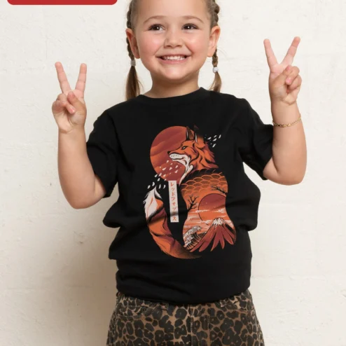 Red Fox Japanese Ukiyo-E Style Graphic Tee for Kids