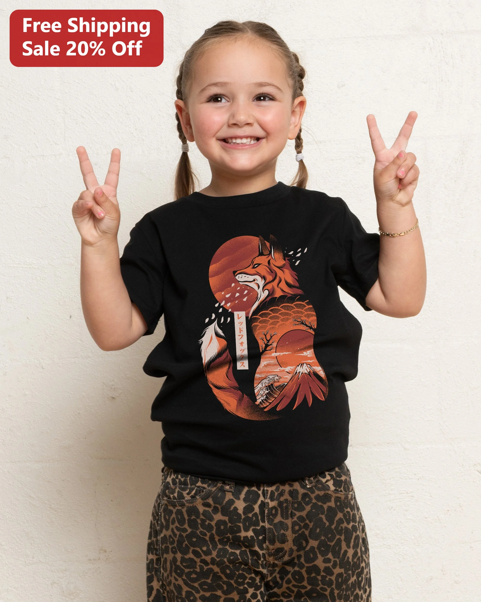Red Fox Japanese Ukiyo-E Style Graphic Tee for Kids