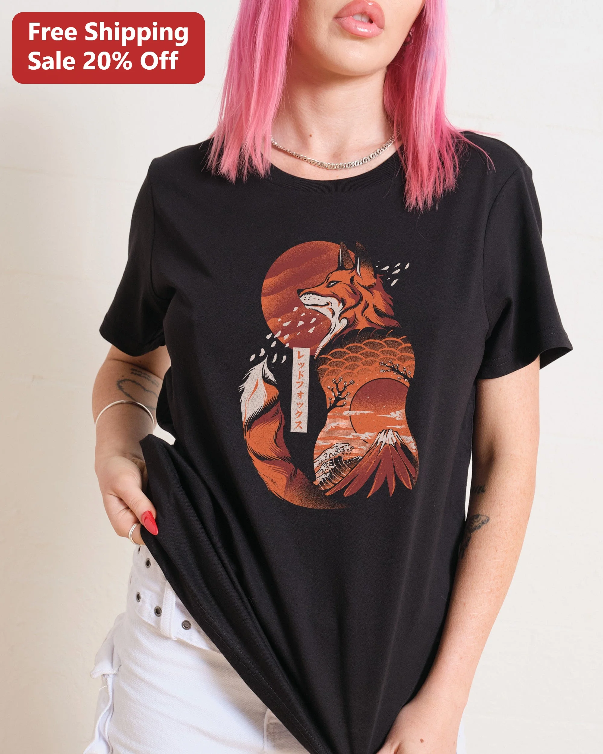Red Fox Ukiyo-e Japanese Art Graphic Tee for Women