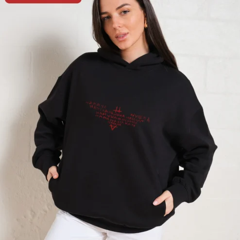 Red Typography Graphic Hoodie Edgy Grunge Streetwear Black Fleece Pullover for Women Men