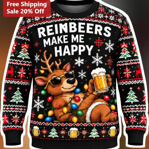 Reinbeers Make Me Happy Funny Ugly Christmas Sweater Reindeer Drinking Beer Holiday Party Gift