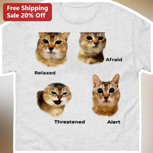 Relaxed Afraid Threatened Alert Cat Meme Graphic Tee Funny Mental Health Gift for Women Men available at our Chicago, Illinois warehouse