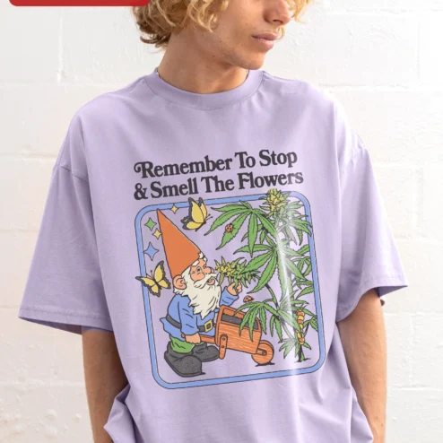 Remember To Stop Smell The Flowers Tee Retro Cartoon Garden Gnome Cannabis Plant Graphic Shirt Stoner Humor Gift for Men Women