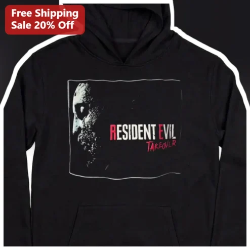 Resident Evil Takeover Hoodie Black Distressed Zombie Graphic Pullover Horror Movie Merch Gift for M available at our Chicago, Illinois warehouse