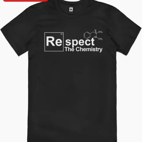 Respect The Chemistry Tee Funny Science Humor Shirt for Chemists and STEM Teachers on a hanger, ready to ship from Chicago, Illinois