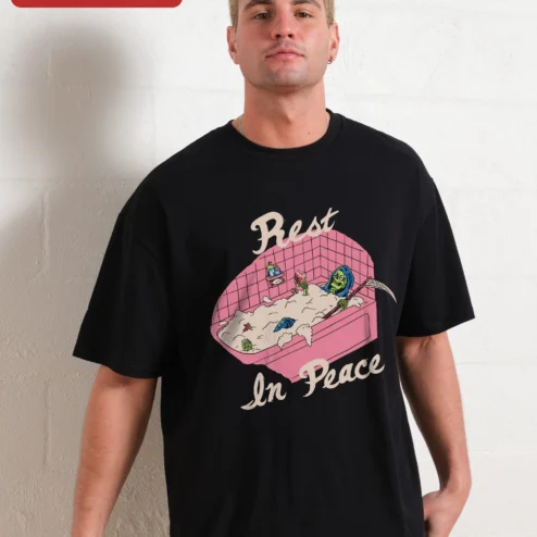 Rest In Peace Grim Reaper Bathing Vintage Cartoon Graphic Tee Funny Spooky Halloween Shirt on a hanger, ready to ship from Chicago, Illinois