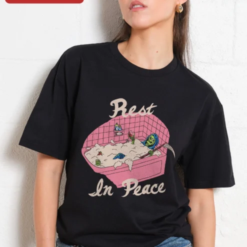 Rest In Peace Grim Reaper Bathing Vintage Cartoon Graphic Tee Funny Spooky Halloween Shirt