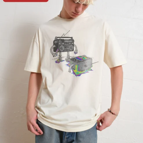 Retro Boombox and Melting TV Surrealism Tee, 80s Vaporwave Graphic Shirt for Music Lovers on a hanger, ready to ship from Chicago, Illinois