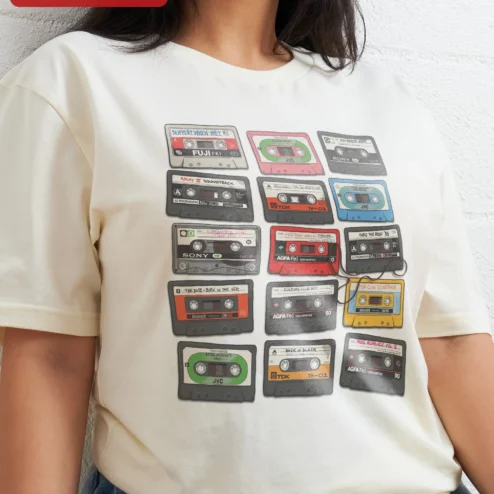 Customer in Chicago, Illinois wearing Retro Cassette Tape Grid Pattern Tee Vintage Mixtape Music Nostalgia Gift for Men Women