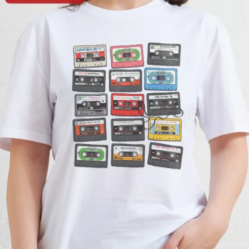 Close-up of Retro Cassette Tape Grid Pattern Tee Vintage Mixtape Music Nostalgia Gift for Men Women for streetwear fans in Chicago, Illinois