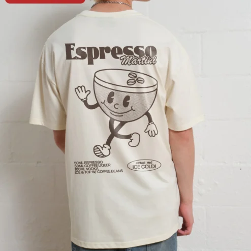 Close-up of Retro Coffee Cup Mascot Tee Vintage Cartoon Graphic Shirt for Coffee Lovers and Baristas for streetwear fans in Chicago, Illinois