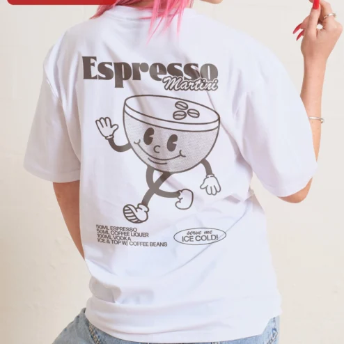 Customer in Chicago, Illinois wearing Retro Coffee Cup Mascot Tee Vintage Cartoon Graphic Shirt for Coffee Lovers and Baristas