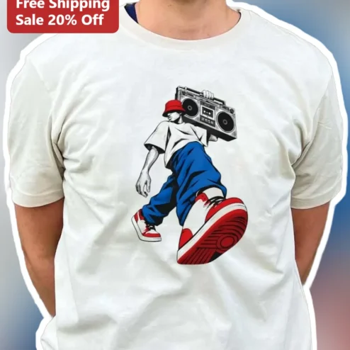 Retro Hip Hop Boombox Man Tee Vintage 90s Old School Rap B-Boy Graphic Shirt available at our Chicago, Illinois warehouse