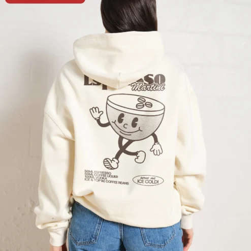Retro Mascot Coffee Cup Hoodie Vintage Cartoon Character Sweatshirt for Coffee Lovers Gift on a hanger, ready to ship from Chicago, Illinois
