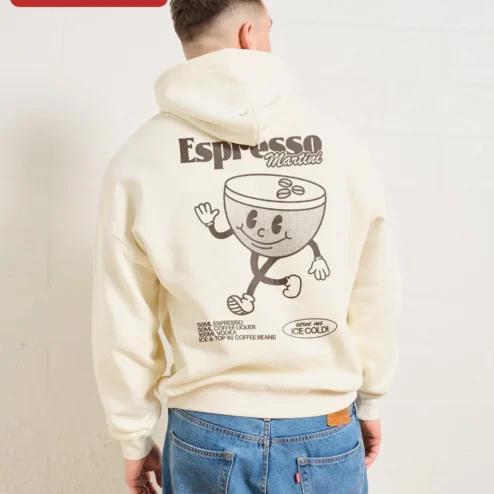 Close-up of Retro Mascot Coffee Cup Hoodie Vintage Cartoon Character Sweatshirt for Coffee Lovers Gift for streetwear fans in Chicago, Illinois