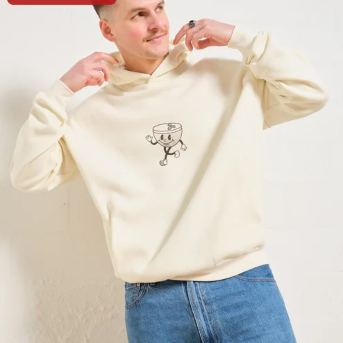 Retro Mascot Coffee Cup Hoodie Vintage Cartoon Character Sweatshirt for Coffee Lovers Gift
