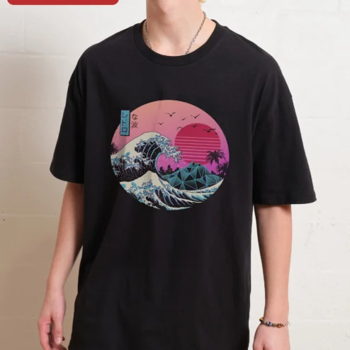 Retro Nami Great Wave Synthwave Vaporwave Tee on a hanger, ready to ship from Chicago, Illinois