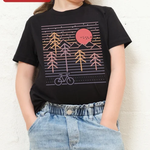 Retro Sunset Bicycle Pine Trees Kids Tee Vintage Synthwave Bike Graphic Shirt for Young Cyclists