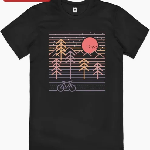 Customer in Chicago, Illinois wearing Retro Sunset Mountain Bike Nature Scene Poster Synthwave Vaporwave Art Print for Cyclists and Trail