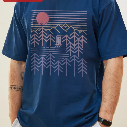 Retro Synthwave Mountain Landscape Tee Neon Vaporwave Sunset Graphic Shirt for Men Women on a hanger, ready to ship from Chicago, Illinois