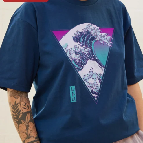 Customer in Chicago, Illinois wearing Retro Vaporwave Great Wave Off Kanagawa Tee Neon Synthwave Japanese Art Graphic T-Shirt