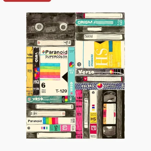 Retro VHS Tapes Illustration Poster Vintage Video Cassette Art Nostalgic Wall Decor on a hanger, ready to ship from Chicago, Illinois
