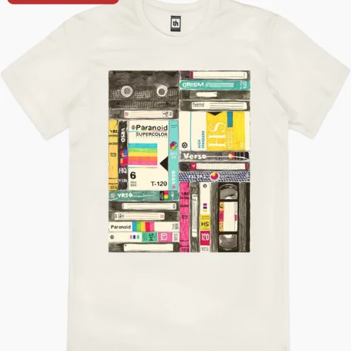 Customer in Chicago, Illinois wearing Retro VHS Tapes Illustration Poster Vintage Video Cassette Art Nostalgic Wall Decor