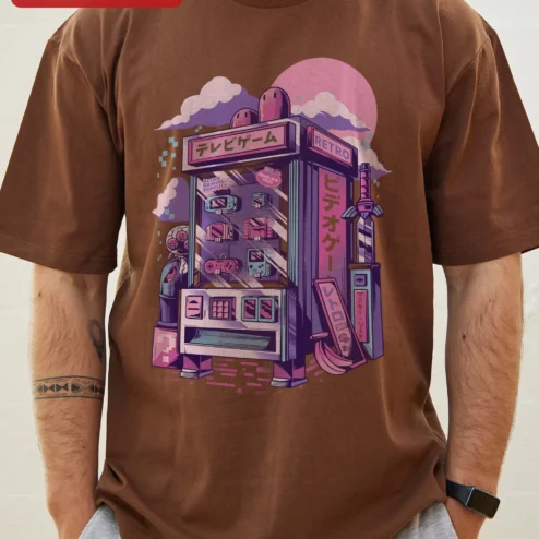 Customer in Chicago, Illinois wearing Retro Video Game Tee Vaporwave Arcade Cabinet Synthwave Gamer Gift