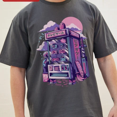 Close-up of Retro Video Game Tee Vaporwave Arcade Cabinet Synthwave Gamer Gift for streetwear fans in Chicago, Illinois