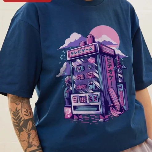 Customer in Chicago, Illinois wearing Retro Video Game Tee Vaporwave Arcade Cabinet Synthwave Gamer Gift