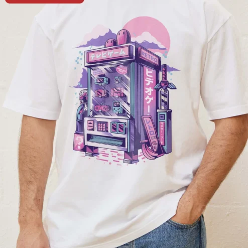 Close-up of Retro Video Game Tee Vaporwave Arcade Cabinet Synthwave Gamer Gift for streetwear fans in Chicago, Illinois
