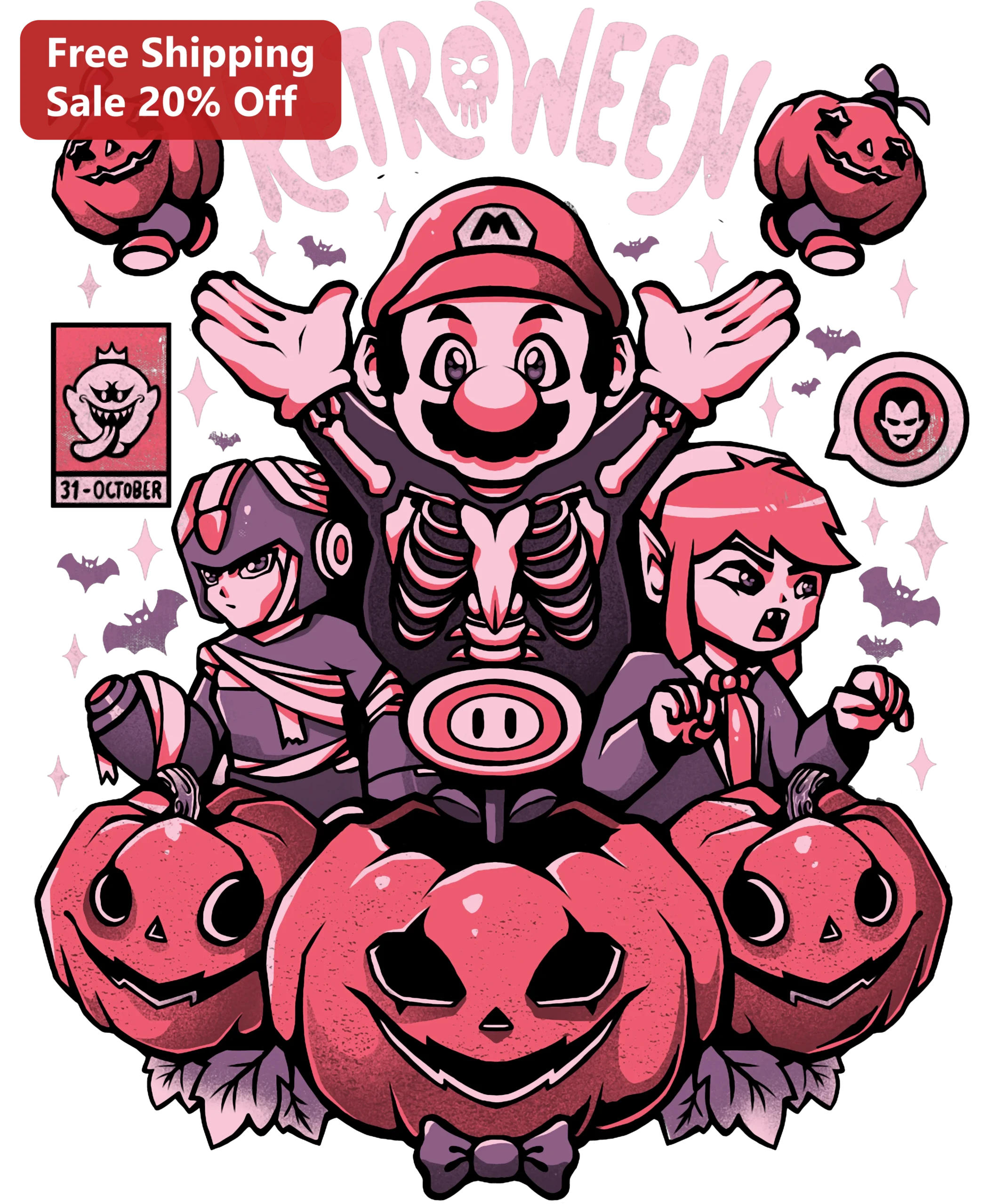RETROWWEEN Tee Retro Gaming Halloween Gift Shirt Mario Mega Man Link Graphic T-Shirt