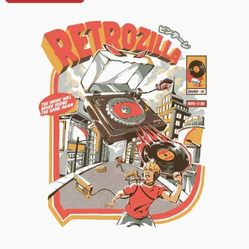 RETROZILLA The Music Will Never Sound The Same Again Graphic Tee Retro Vinyl Record Player Monster A on a hanger, ready to ship from Chicago, Illinois