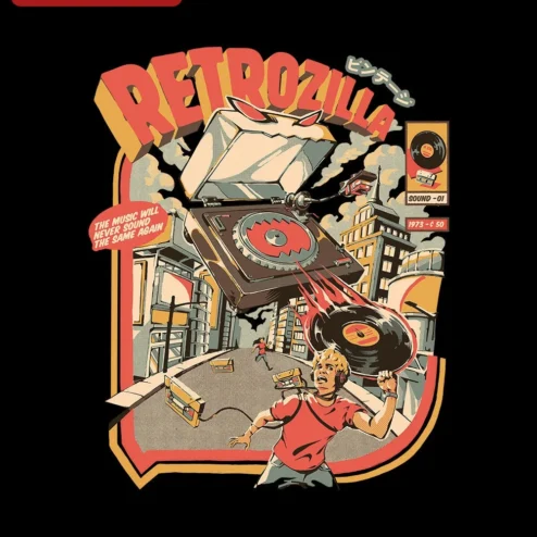 Customer in Chicago, Illinois wearing RETROZILLA The Music Will Never Sound The Same Again Graphic Tee Retro Vinyl Record Player Monster A