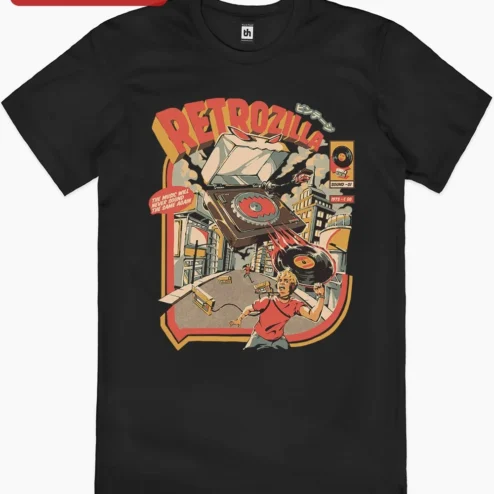 Close-up of RETROZILLA The Music Will Never Sound The Same Again Graphic Tee Retro Vinyl Record Player Monster A for streetwear fans in Chicago, Illinois