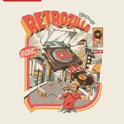 RETROZILLA The Music Will Never Sound The Same Again Graphic Tee Retro Vinyl Record Player Monster Attack Shirt