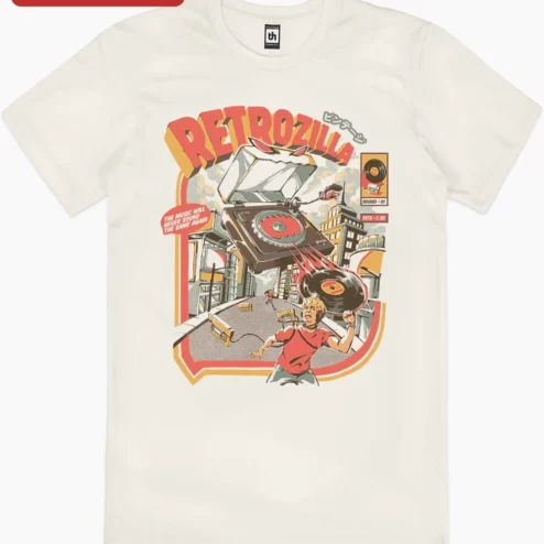 Customer in Chicago, Illinois wearing RETROZILLA The Music Will Never Sound The Same Again Graphic Tee Retro Vinyl Record Player Monster A