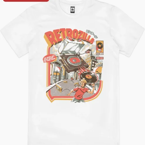 Close-up of RETROZILLA The Music Will Never Sound The Same Again Graphic Tee Retro Vinyl Record Player Monster A for streetwear fans in Chicago, Illinois
