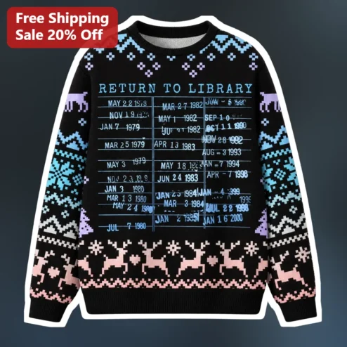 Return to Library Sweater Retro Due Date Card Graphic Crewneck for Librarians Teachers Book Lovers