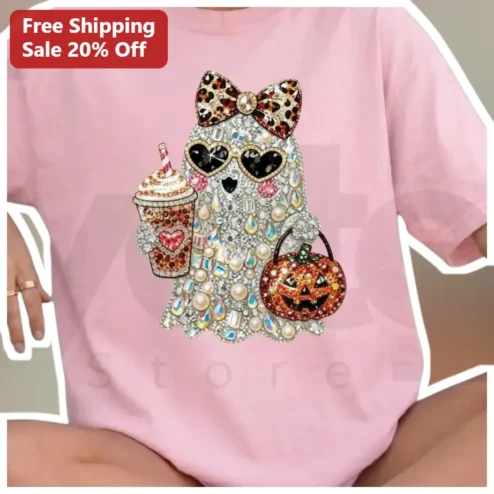 Rhinestone Ghost with Starbucks Cup and Pumpkin Purse Tee Halloween Coffee Lover Gift