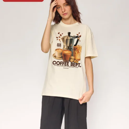 Rich Taste Smooth Style Coffee Dept Tee Nervous Energy Caffeine Lover Graphic Shirt on a hanger, ready to ship from Chicago, Illinois