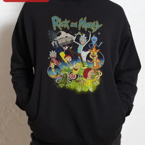 Rick and Morty Hoodie Vintage Graphic Pullover Black Adult Animation Merch