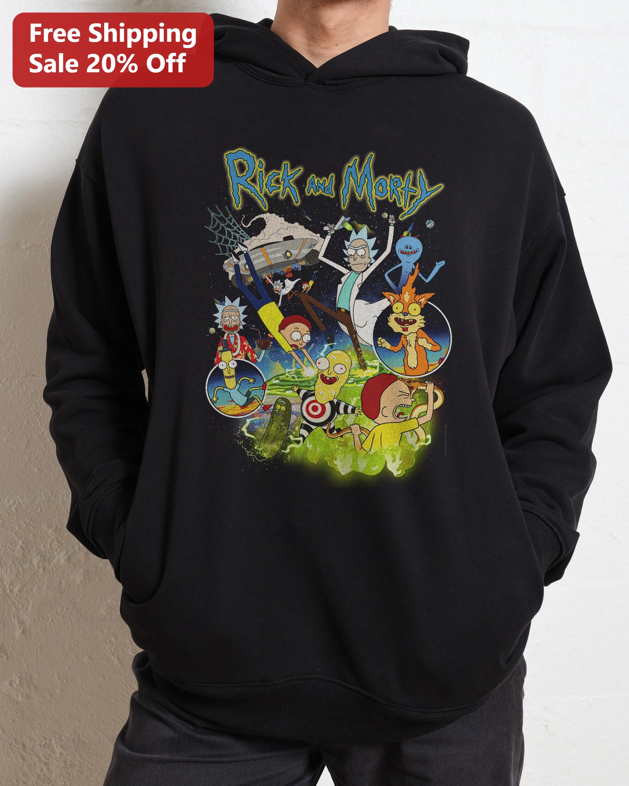 Rick and Morty Hoodie Vintage Graphic Pullover Black Adult Animation Merch